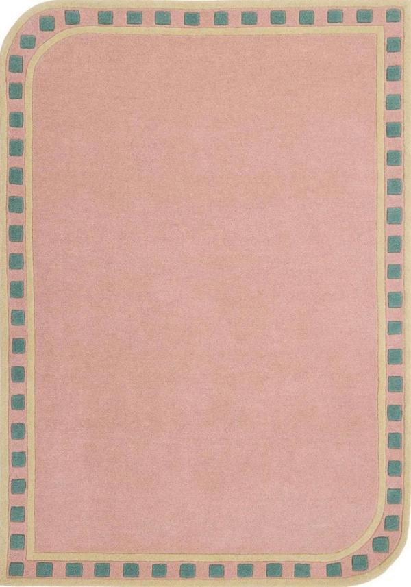 Pink rug with a border featuring small squares in green and beige.