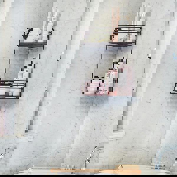 BESLAGSBODEN Matt Black Stainless Steel Double Corner Shower Basket Self Adhesive Wall Mounted