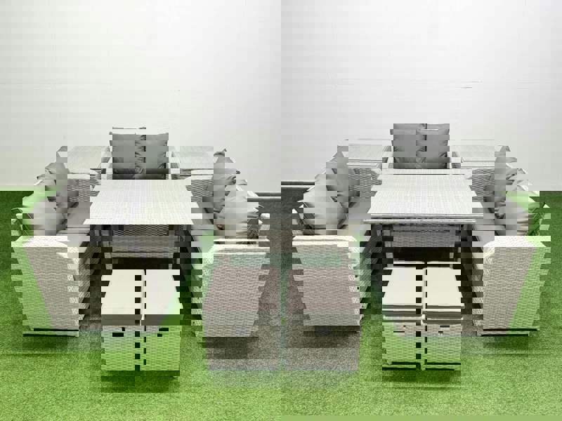 Fimous  8 Seater PE Wicker Rattan Furniture Sofa Sets with Rectangular Dining Table 2 Seater Love Sofa 2 Stool 2 Side Table Light Grey