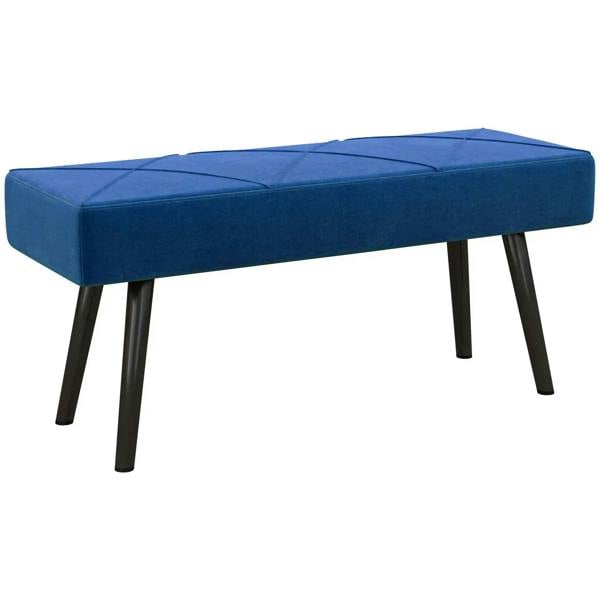 Blue upholstered end-of-bed bench with tufted top and black steel legs