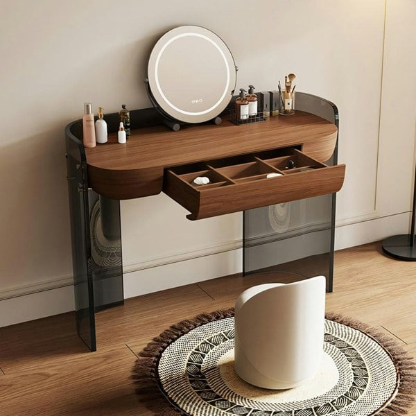 Thomas Dressing Table With Large LED Mirror, Walnut & Black-Weilai Concept-Weilai Concept
