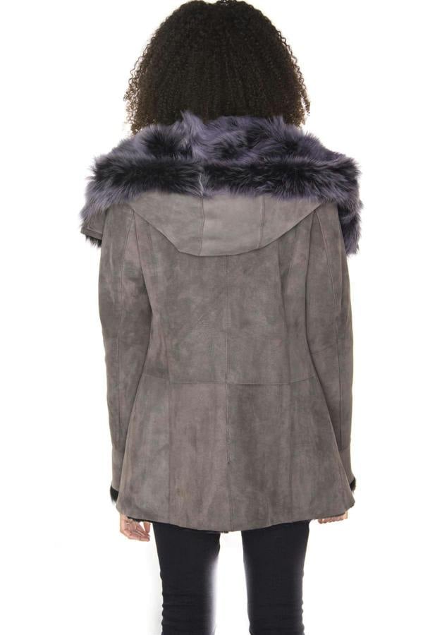 Infinity Leather Womens Grey Suede Hooded Merino Sheepskin Coat-Monrovia