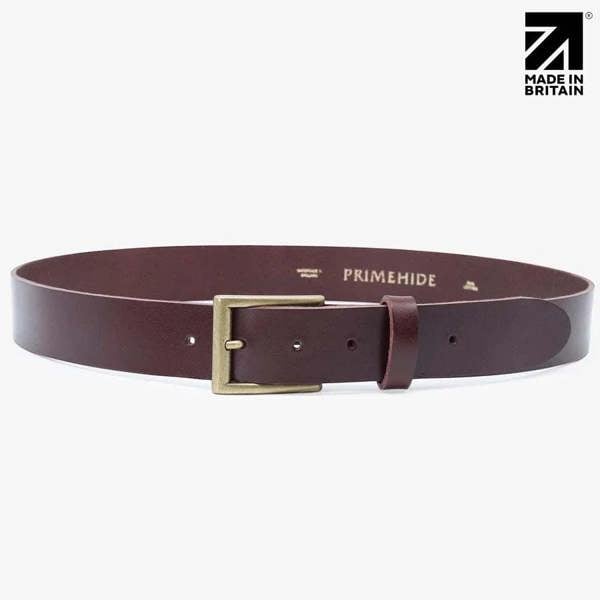 Brown full-grain Italian leather belt showing six adjustment holes and leather tip