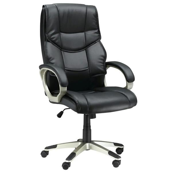 Black faux-leather high-back office chair with armrests and swivel base