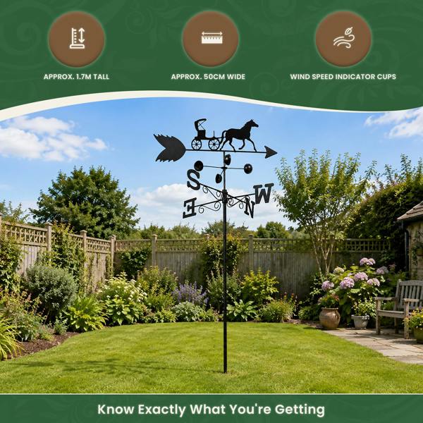 Horse & Carriage Weathervane – Outdoor Wind Direction Indicator with Speed Cups, Steel Construction, Wall Fixings & Ground Spike, 1.7m Tall