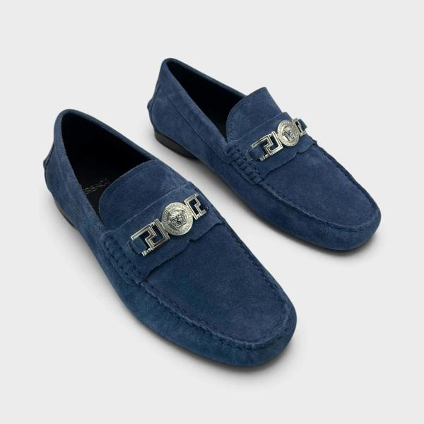 Supplied Fashion Versace Medusa Greca navy suede driver loafers with silver metal hardware detailing