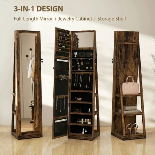 Bobobiy 360° Swivel Jewellery Cabinet, Lockable Jewellery Organiser with Built-in Makeup Mirror and Storage Shelves, Rustic Brown