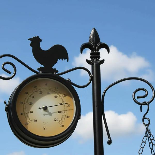 The Garden Marketplace Cockerel Design Garden Clock and Thermometer with Hanging Basket