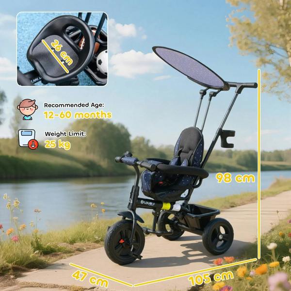 Dark blue kids 6-in-1 tricycle with canopy and safety harness, shown on road