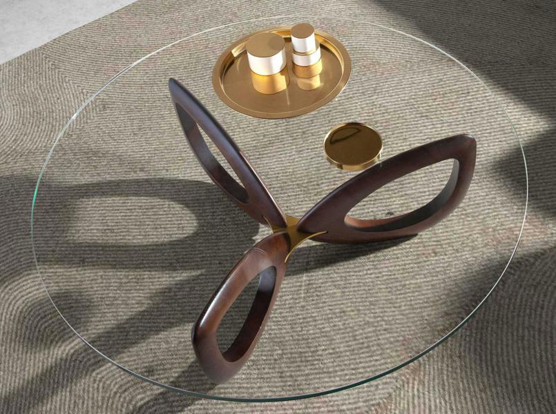 Angel Cerdá Round Tempered Glass and Walnut Coffee Table 2053