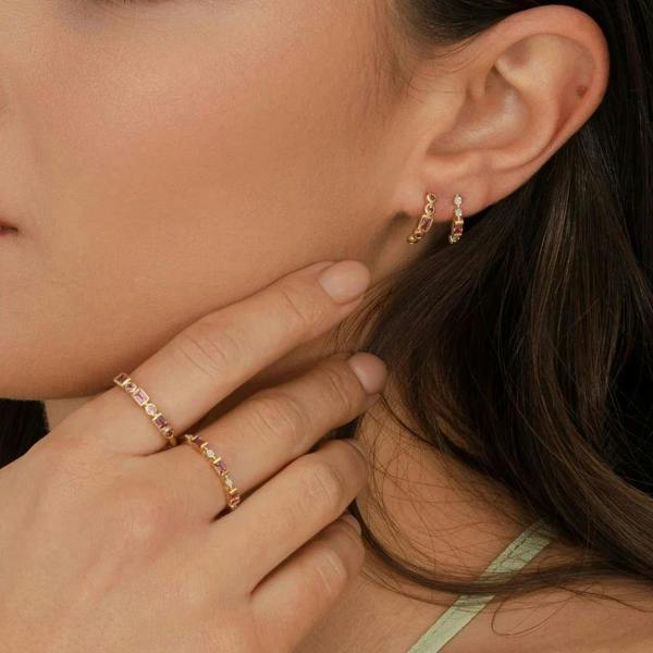 Gemondo Classic Pink Tourmaline & Diamond Half Eternity Hoop Earrings in 9ct Yellow Gold