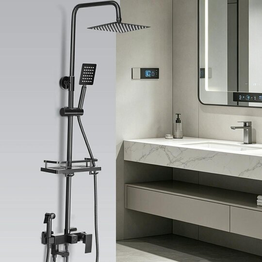 Havendro Black Bathroom Thermostatic Exposed Shower Mixer Twin head Large Square Bar Set