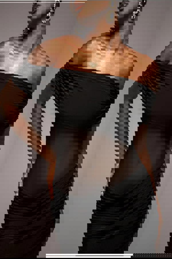 Gathered Off The Shoulder Mesh Waist Panel Maxi Dress - Black DR4857