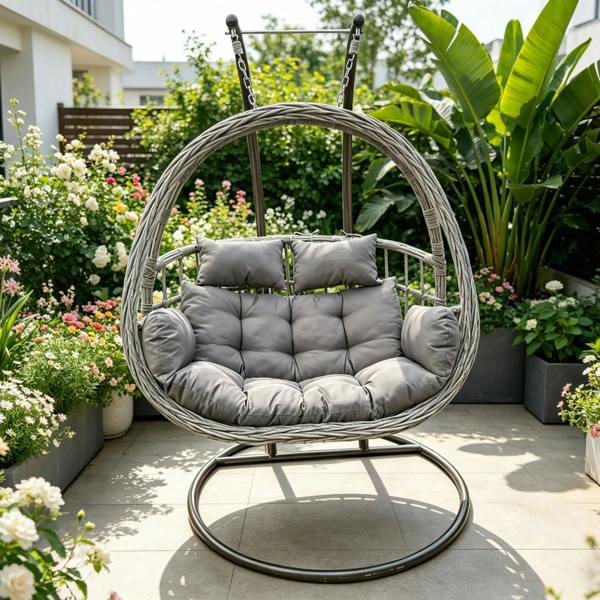 Fimous Rattan Hammock Garden 2 Person Hanging Egg Chair Indoor Outdoor Patio Furniture with Grey Cushion