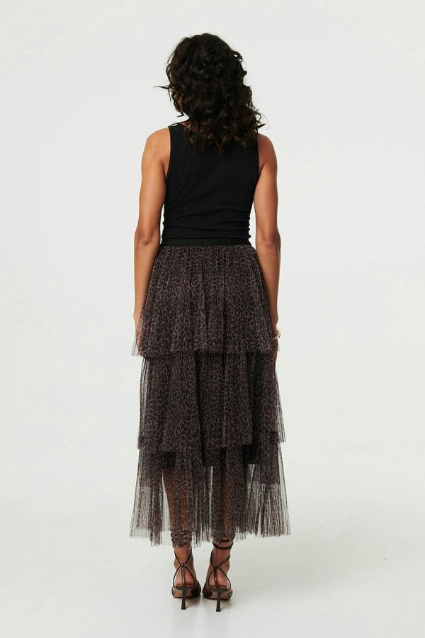 Izabel London Animal Print Tiered Midi Skirt
