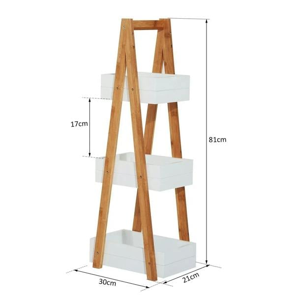 Freestanding 3-tier shower caddy dimensions view with white shelves and bamboo frame