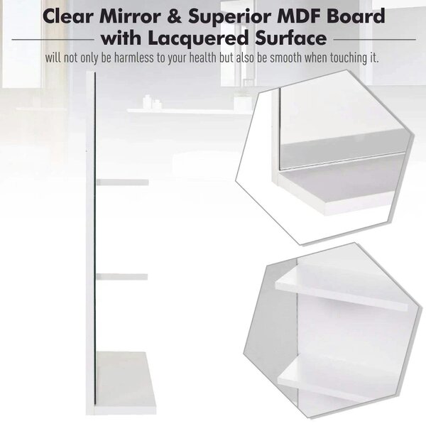 Bobobiy Modern Bathroom Mirror, Wall-mounted Vanity Mirror with 3 Tiers Storage Shelves for Make Up, White