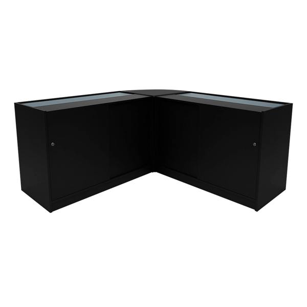 Hera LED Shop Counter Set in sleek black, featuring glass display tops and storage cabinets, ideal for retail environments