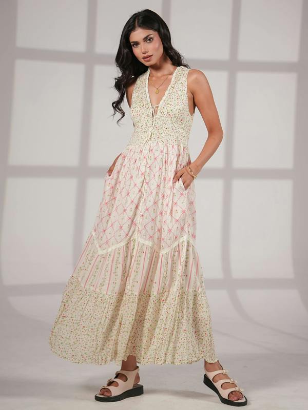 Rose & Nancy Iris Strawberry Print Mix Cotton Crinkle Maxi Dress