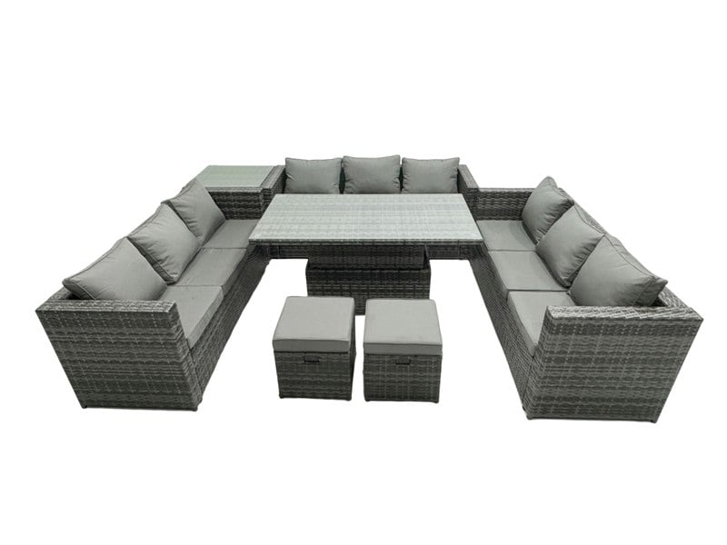 Fimous 11 Seater?Outdoor Rattan Sofa Set Lounge Adjustable Rising Lifting Side Tables Chairs Footstool Dark Grey Mixed