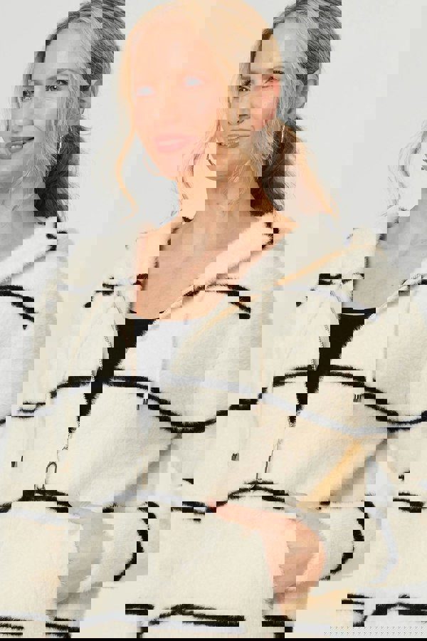 White | Stripe Print Textured Hooded Jacket
