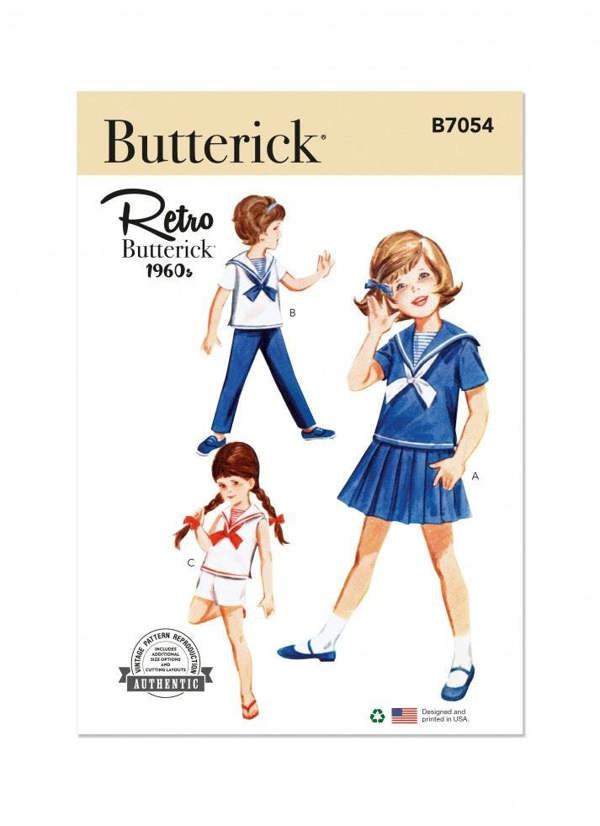 Butterick Sewing Pattern 7054, Skirts, Trousers, Shorts, Tops, Vintage Style for Kids, CKK (5-6-7-8) - Intermediate