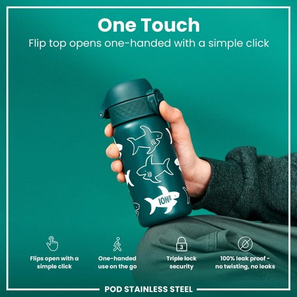 ION8 Leak Proof Thermal Steel Water Bottle, Insulated, Sharks, 320ml (11oz)