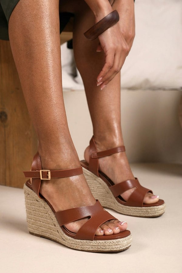 Where's That From Sansa Cut Out Strap Detail Wedge Shoes With Buckle Closure in Tan Grain Pu