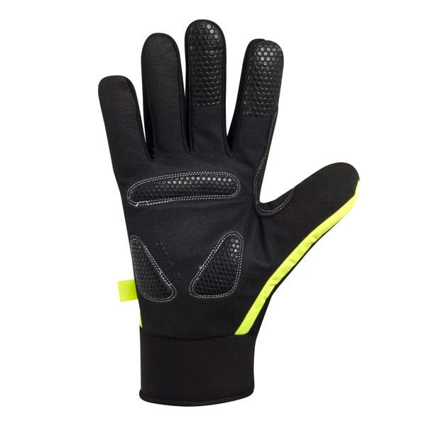 Black Optimum NiteBrite cycling glove palm with grip pads and fluorescent yellow trim, on white - Optimum