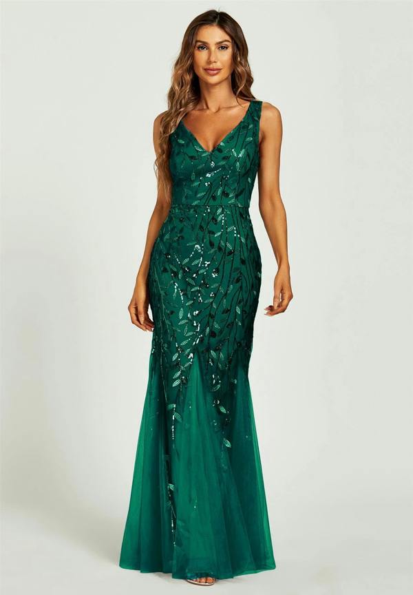 FS Collection Sequin Leaf Detailed V Neck Bridesmaid Maxi Dress In Green