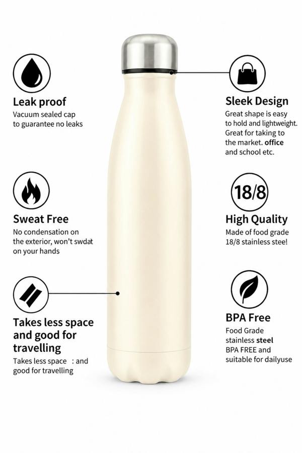 Dyzi 500ml Stainless Steel Water Bottle Leak Proof Cream
