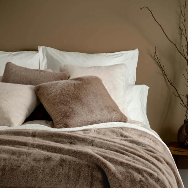 Fawn Faux Fur Throw & Cushions - winter, double, styled in a bedroom | Soak and Sleep