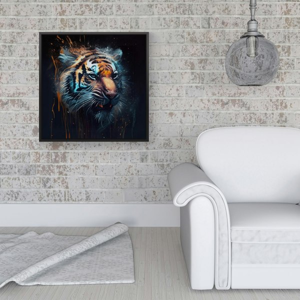 Warren Reed Tiger Face Splash Art Dark Background Framed Canvas