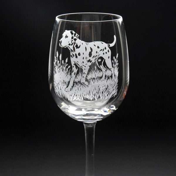 Glyptic Glass Art Dalmatian Dog Crystal Wine Glass - Hand Etched/Engraved Gift