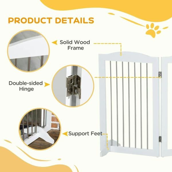 White dog gate detail view showing solid frame, double-sided hinges, and support feet