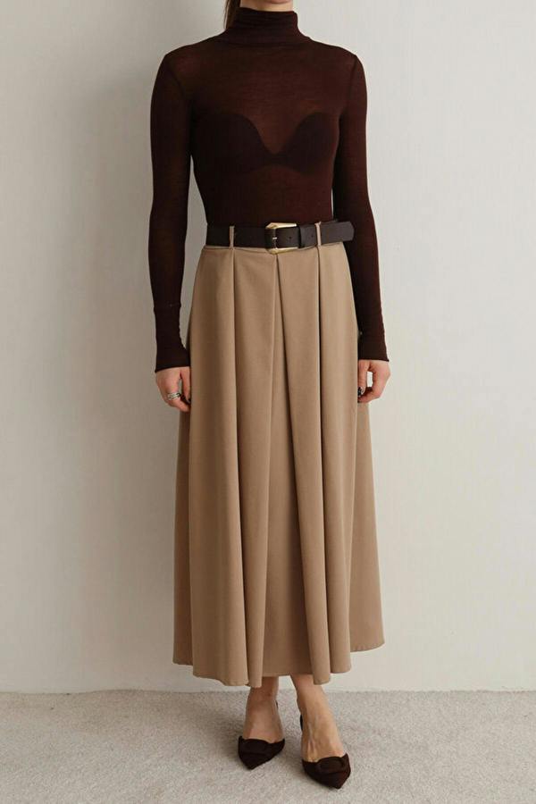 WOVCOR Belted A-line Flared Woven Maxi Long Skirt