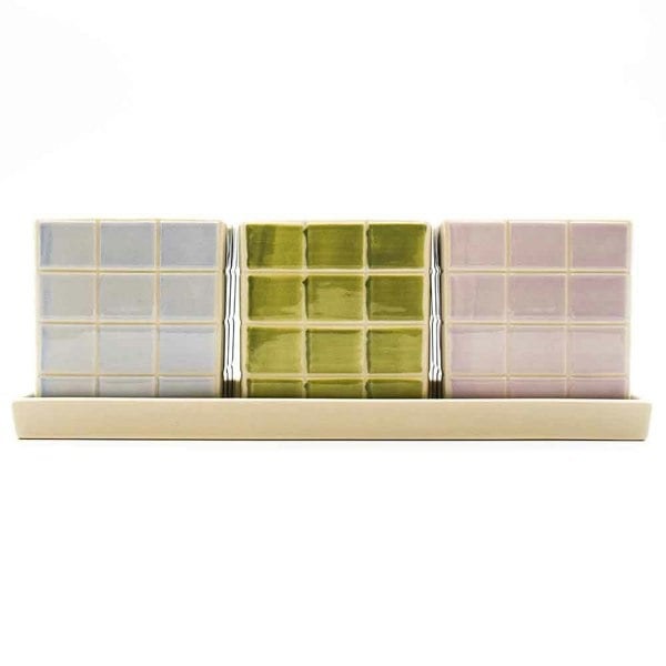 Upper Street Set of Three Cool Pastel Tile Design Ceramic Planters with Tray