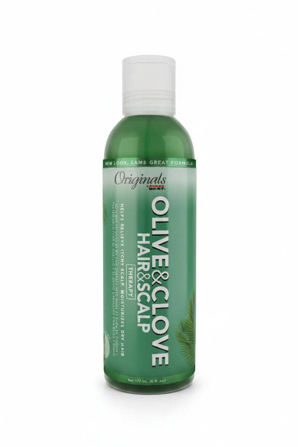 Green bottle of Olive & Clove hair and scalp product on a white background