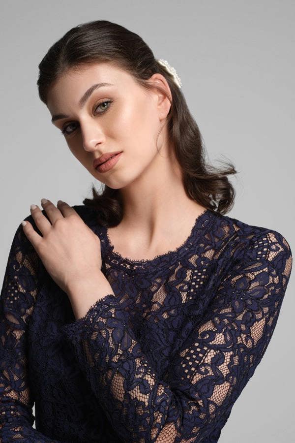 Rumour London Chiara long sleeve lace pencil dress in navy