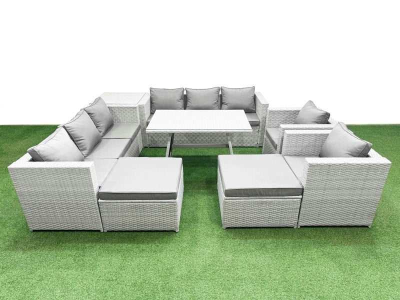 Fimous 10 Seater Garden Furniture Set PE Rattan Garden Sofa Set with Rectangular Dining Table 2 Big Stool Side Table Light Grey