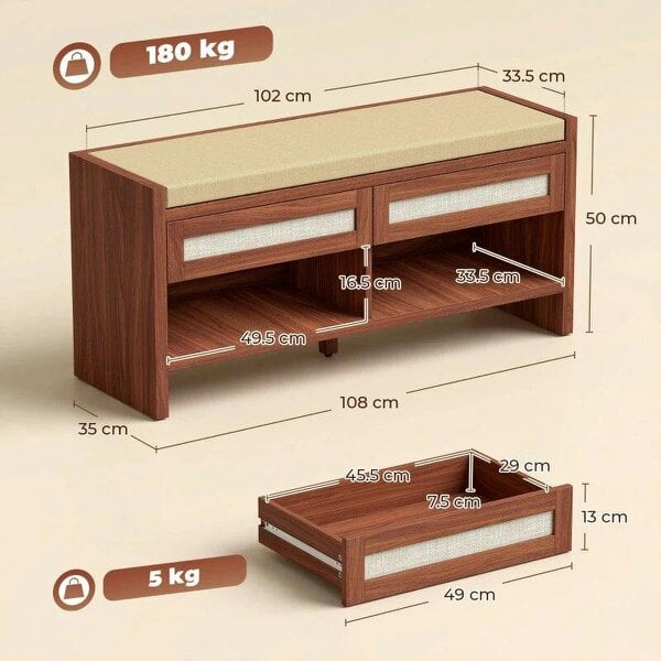 Boho Shoe Bench with 2 Rattan Drawers, Shoe Storage Bench with Cushioned Seat and Open Shelf Brown