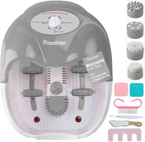 Powatron Foot Spa with Complete Pedicure Set - Electric Foot Bath Spa Massager Vibrating Massage Rollers Infrared Lights