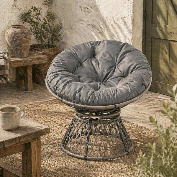 Wyld Haus Rarare Grey Rattan Swivel Papasan Style Moon Chair With Oversized Cushion