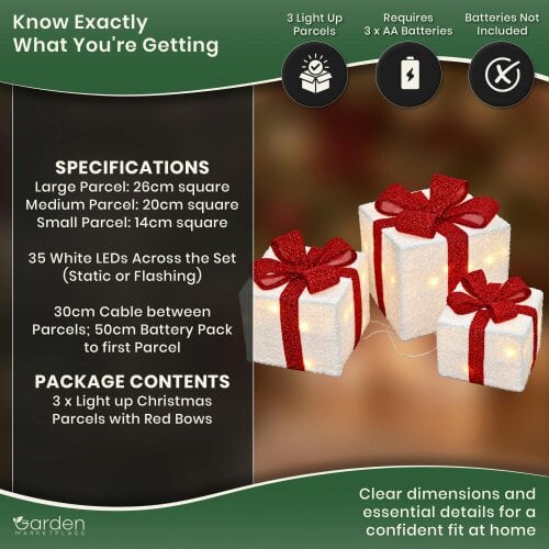 Light Up Christmas Parcels - Set of 3, White and Red with 35 White LEDs