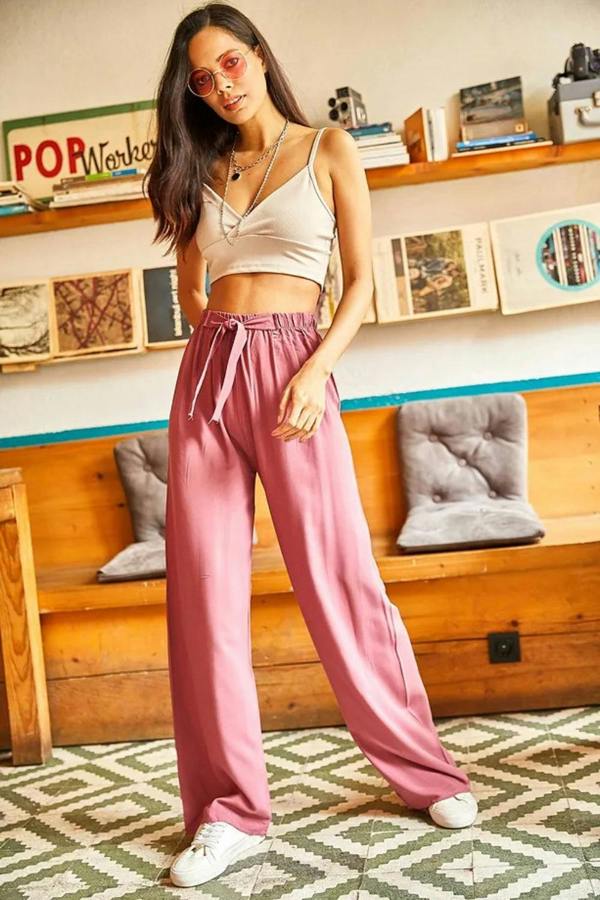 Hoxton Gal Basic Belted Woven Viscose Palazzo Pants