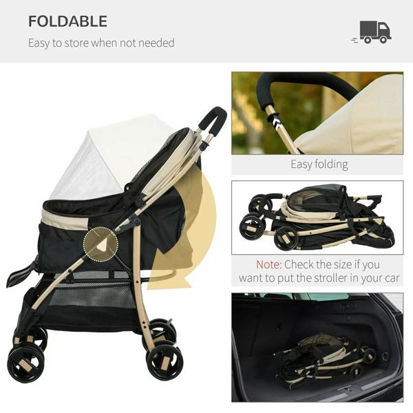 Khaki and black foldable pet stroller with rain cover, shown folded for storage