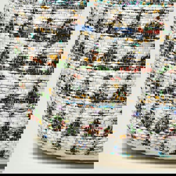 HOMESCAPES Cream Chindi Design Bean Filled Pouffe