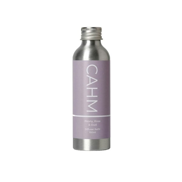 A silver aluminum bottle labeled 'CAHM' for Peony, Rose & Oud Reed Diffuser Refill, indicating it contains 150ml of fragrance oil.