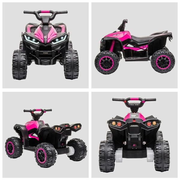 Pink and black 12V ride-on quad bike shown from four angles
