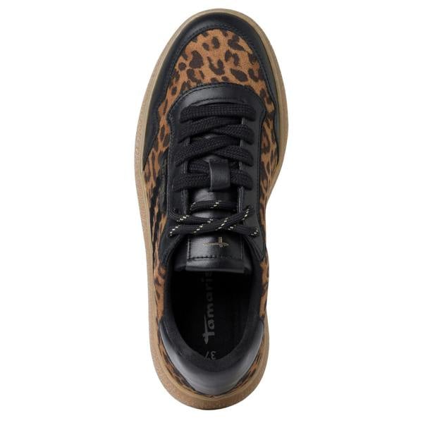 Tamaris Womens Leopard Black Leather Fashion Stripe Lace Up Sneakers